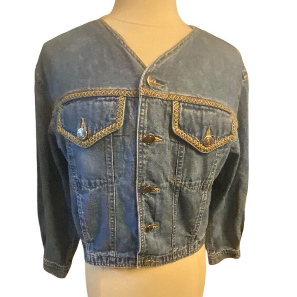 Liz Wear V Neck Denim Jacket Size Small Petite Long Sleeve Casual Vintage